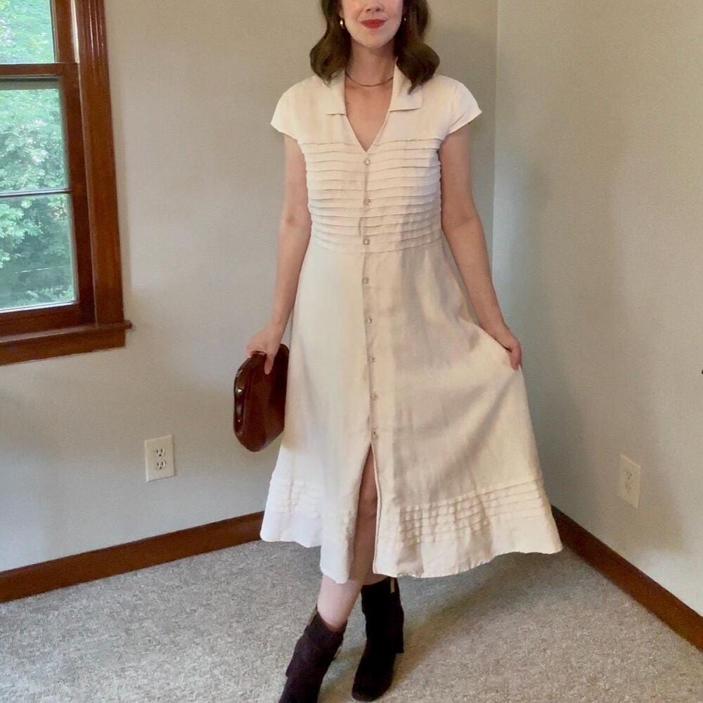 Vintage Linen Midi Dress | Jones New York | 90s Minimalist Button Front Size 6